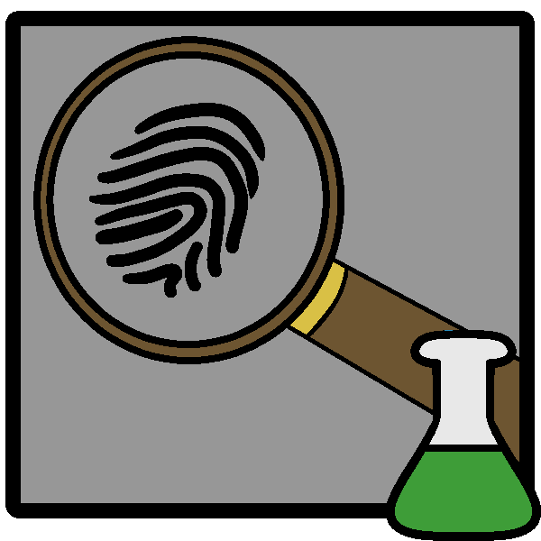 A fingerprint under a magnefying glass in a frame with a green beaker in the corner.
